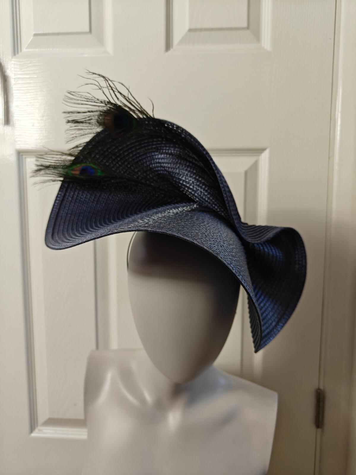 steel blue large straw fascinator peacock feather millinery headband wedding hat