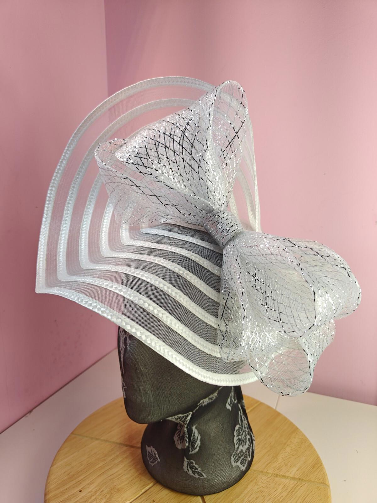 white silver bow fascinator millinery wedding hat Kentucky Derby Royal Ascot
