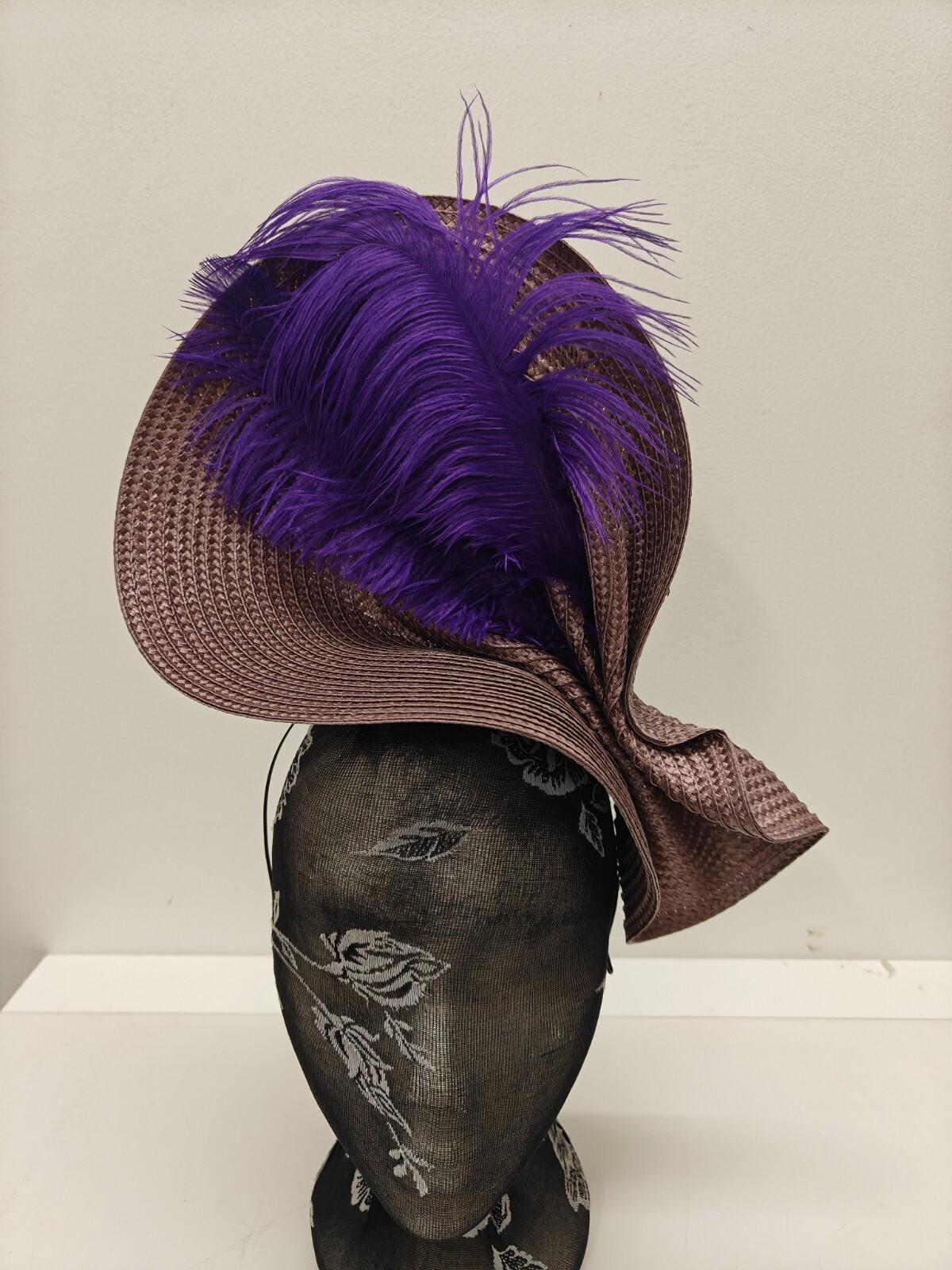 purple large straw fascinator ostrich feather millinery headband wedding hat