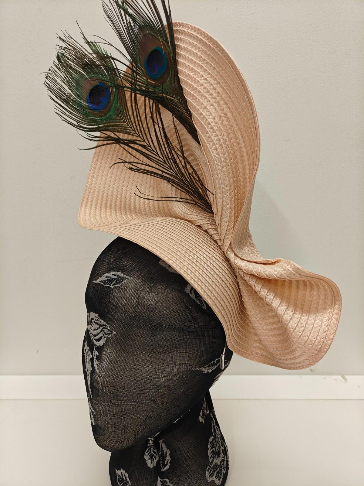 nude peach large straw fascinator peacock feather millinery headband wedding hat