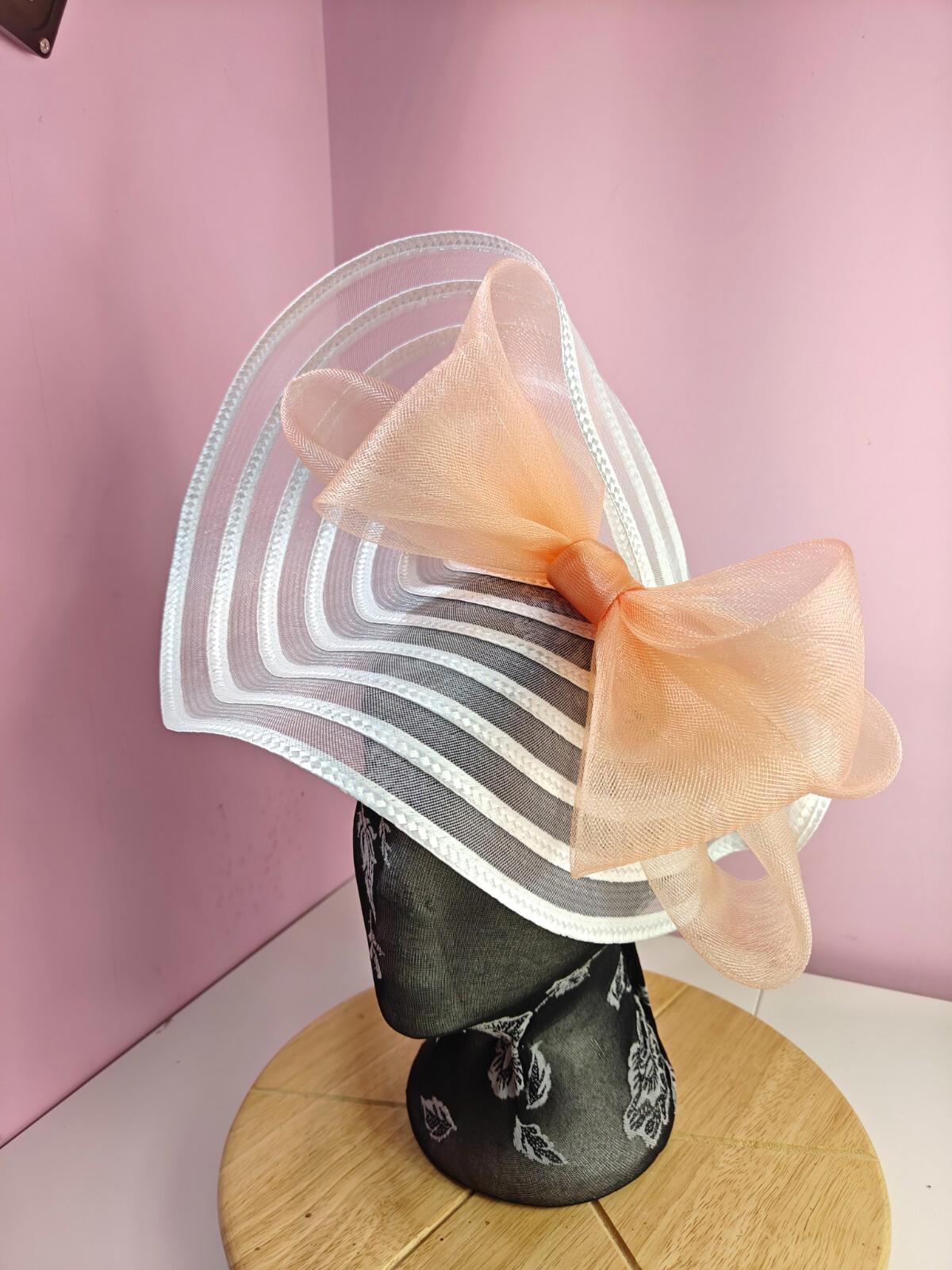 white peach bow fascinator millinery wedding hat Kentucky Derby Royal Ascot