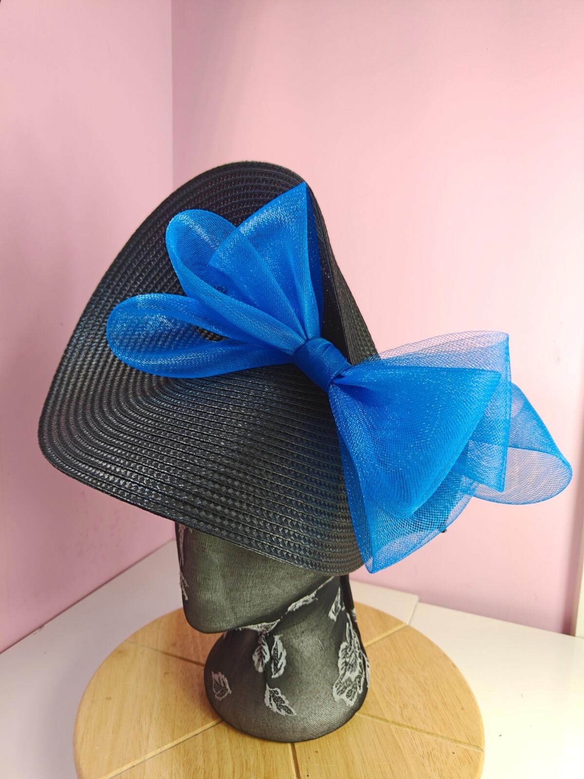 black blue large straw fascinator wedding hat Kentucky Derby Royal Ascot