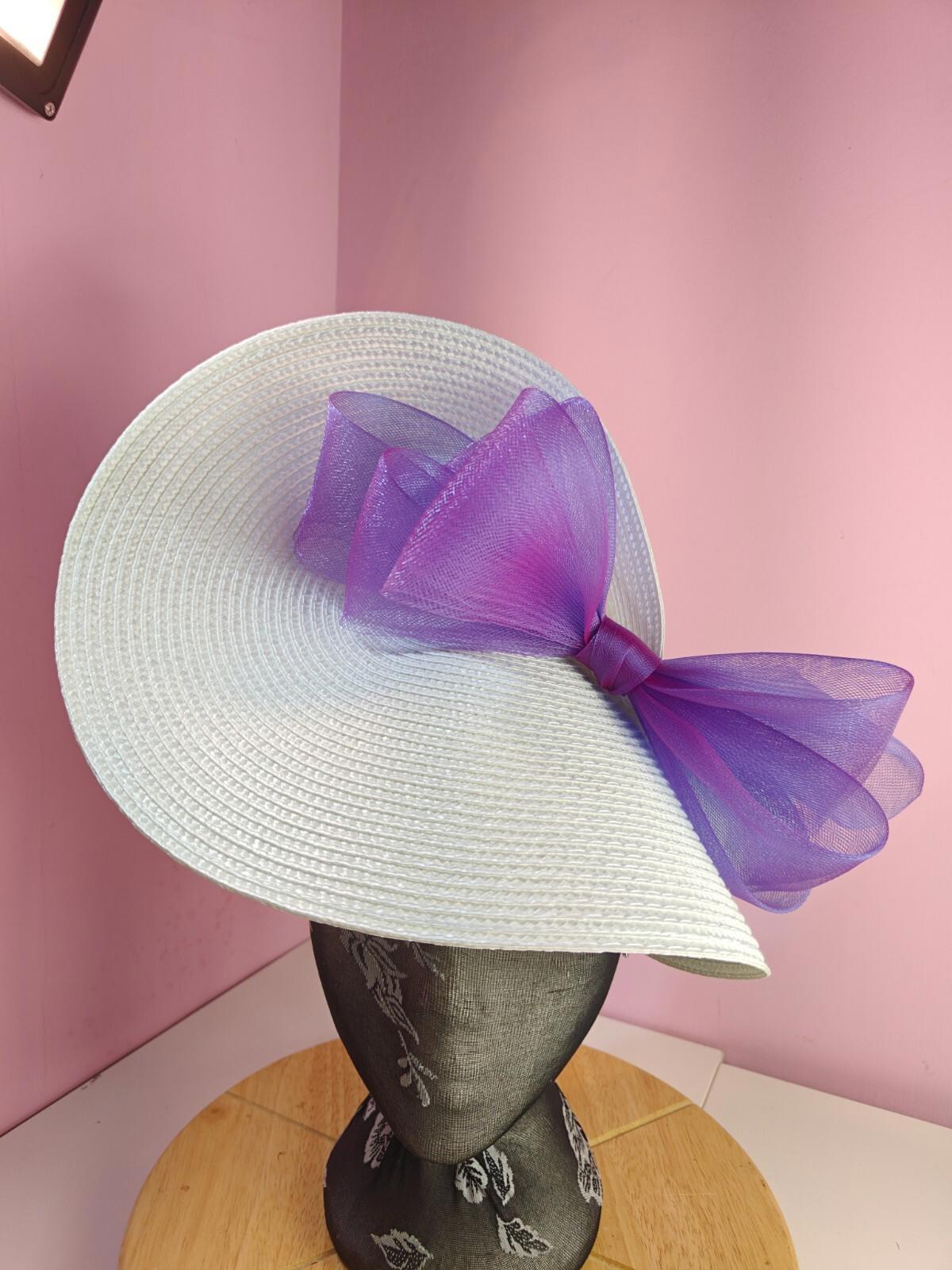 white purple large straw fascinator wedding hat Kentucky Derby Royal Ascot