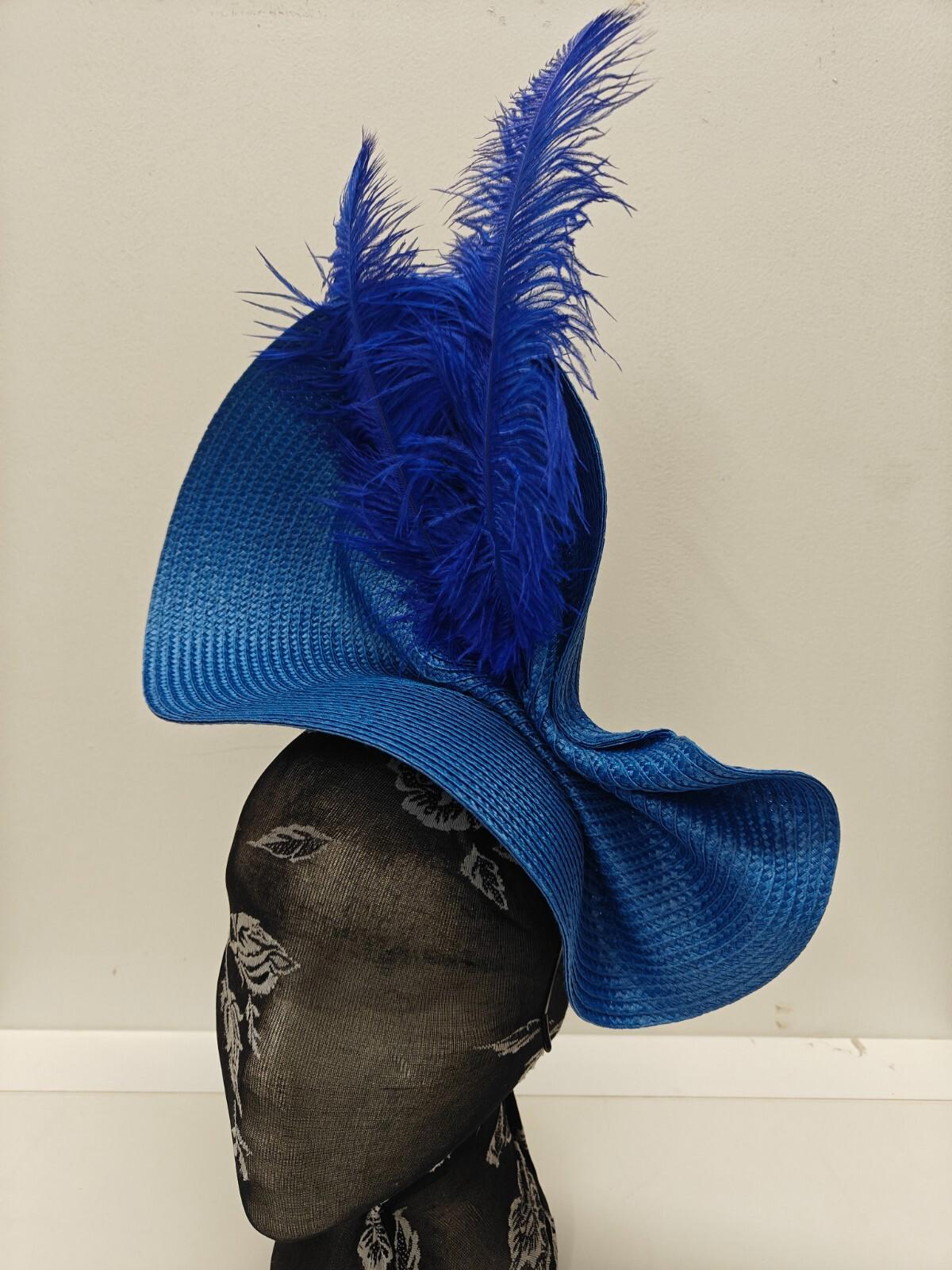 blue large straw fascinator ostrich feather millinery headband wedding hat