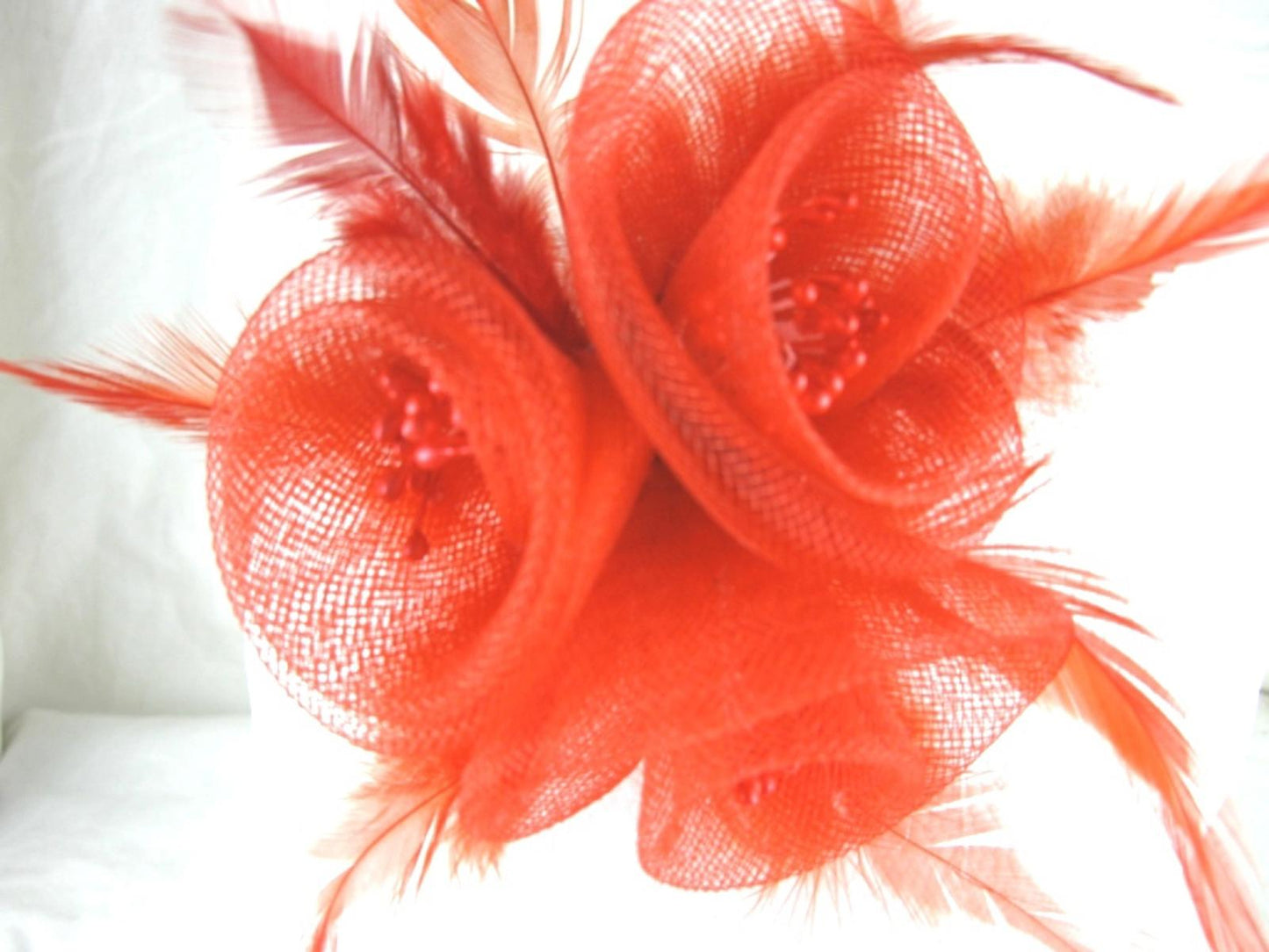 bright red fascinator millinery feather brooch clip wedding hair piece ascot