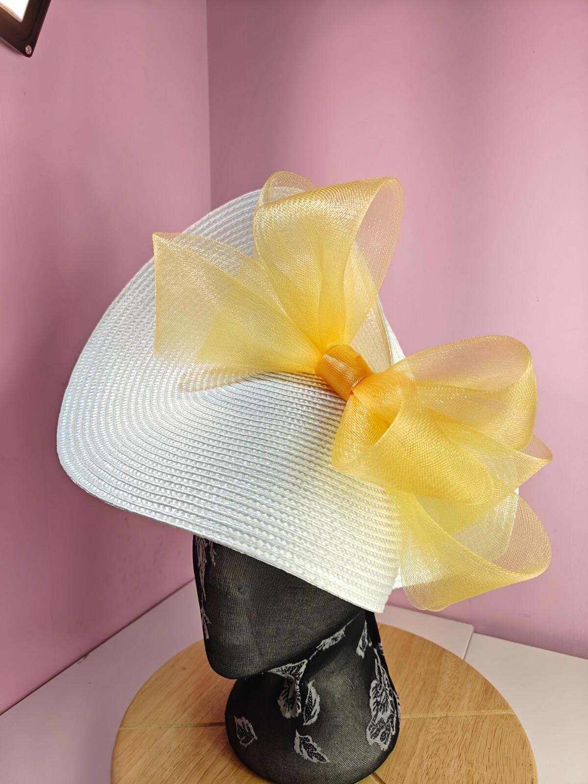 white gold large straw fascinator wedding hat Kentucky Derby Royal Ascot