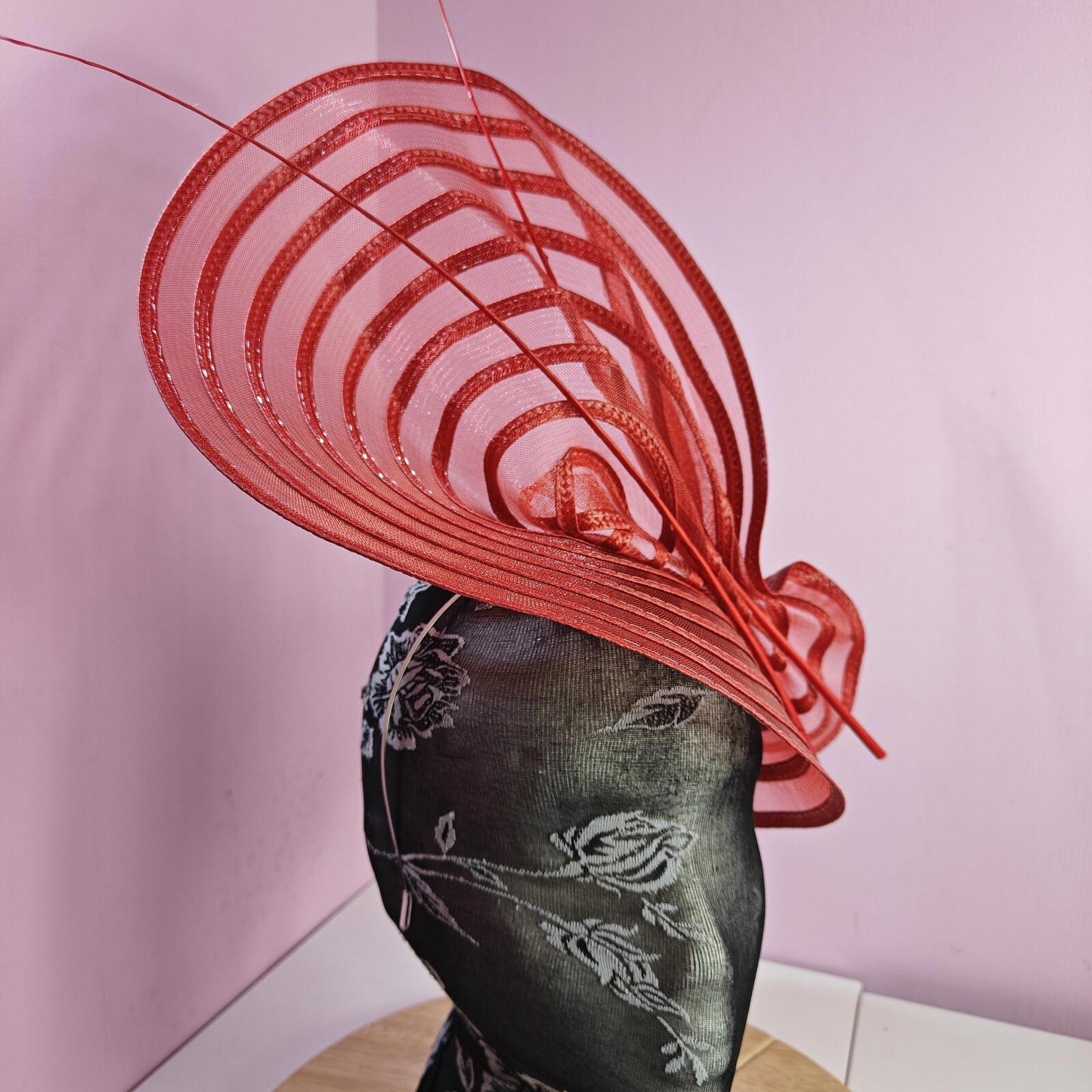 red ostrich quill spine fascinator wedding hat Kentucky Derby Royal Ascot
