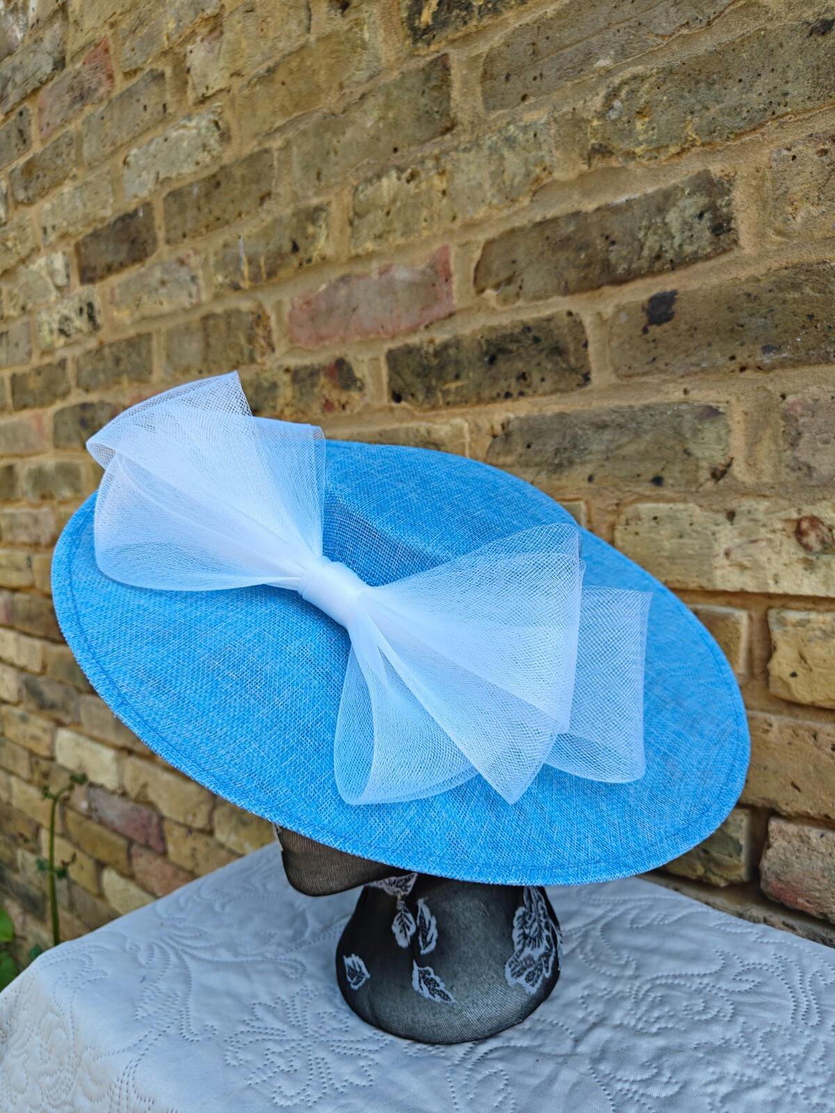 baby blue white large fascinator wedding hat  Kentucky Derby Royal Ascot bow