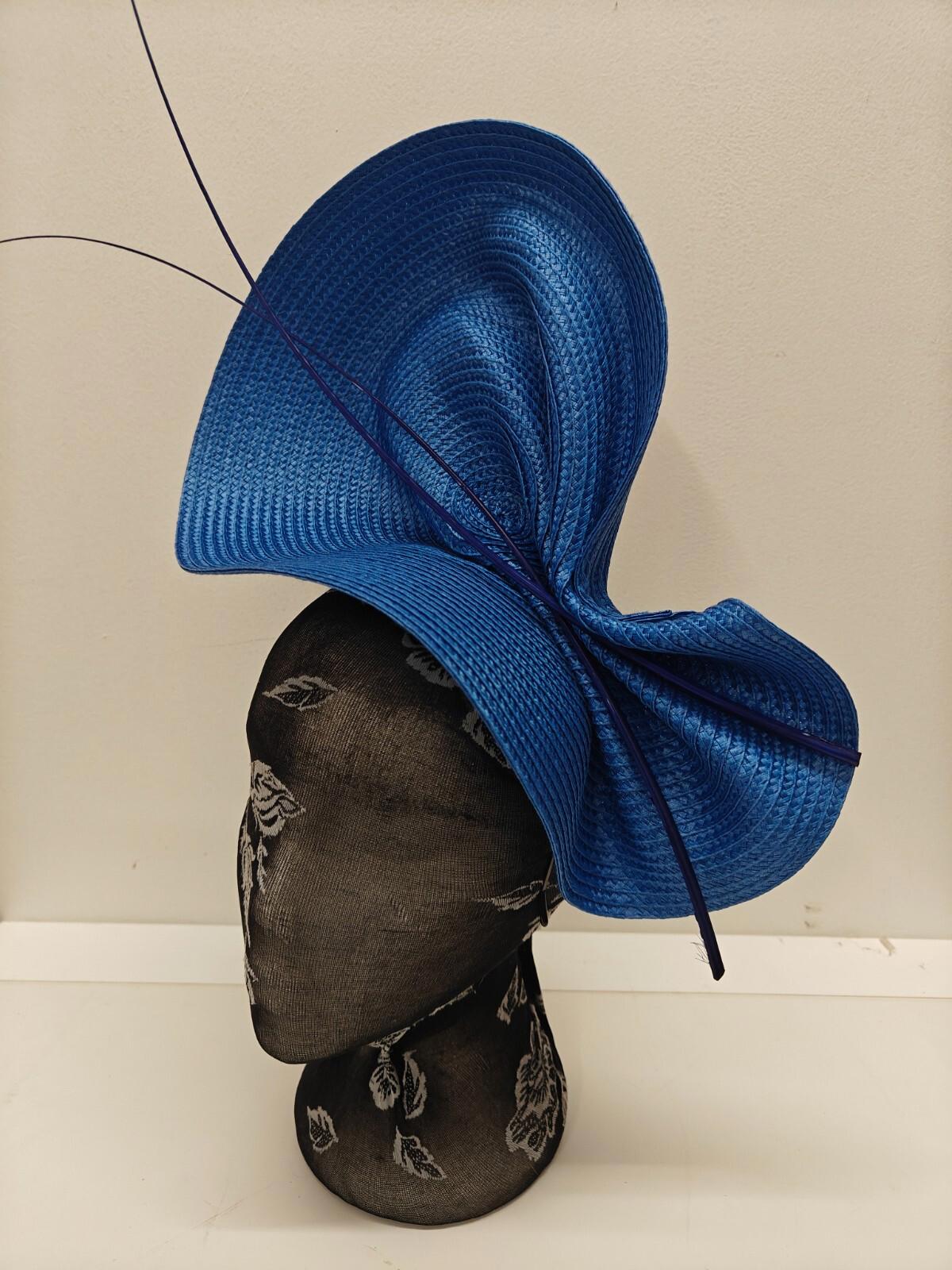 blue large straw fascinator ostrich quill spine millinery headband wedding hat