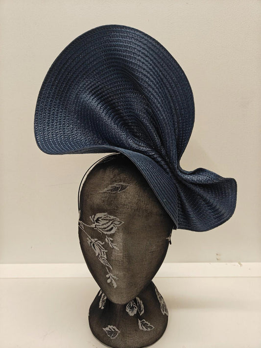 navy dark blue large straw fascinator millinery burlesque headband wedding hat