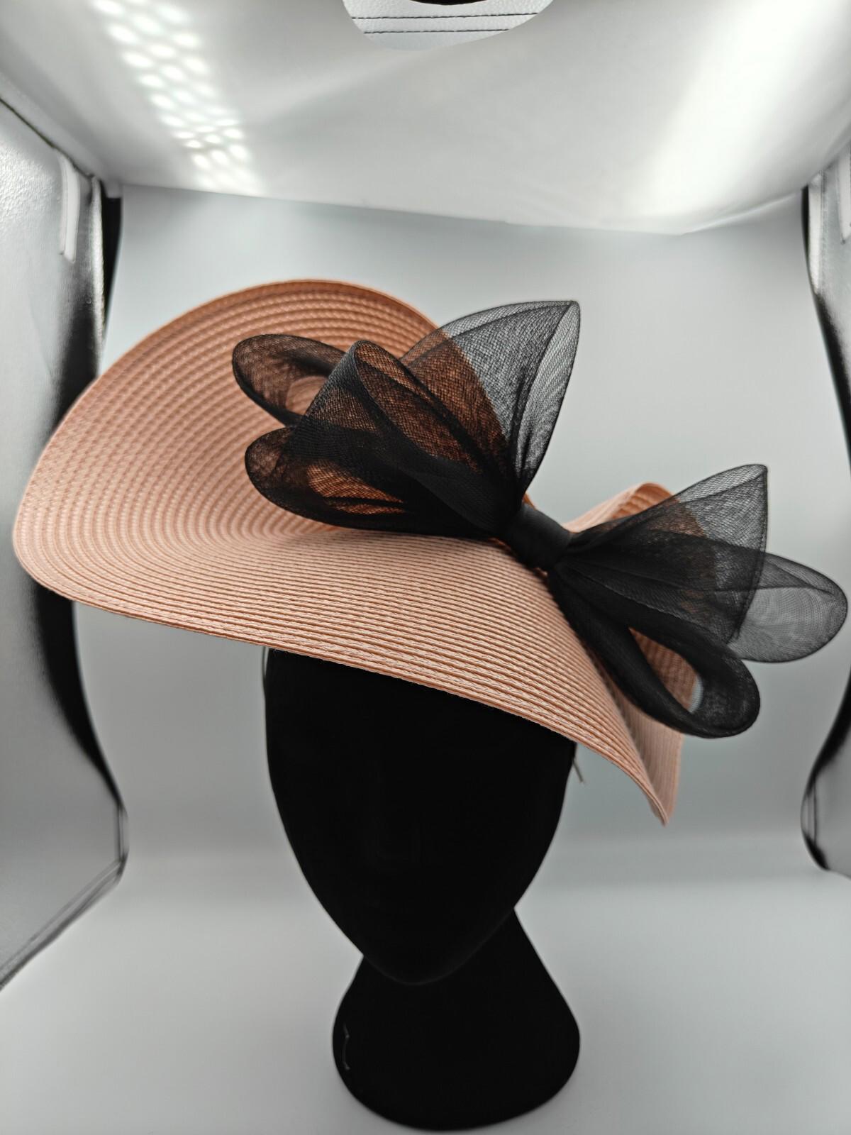 peach pink black bow straw fascinator millinery burlesque headband wedding hat
