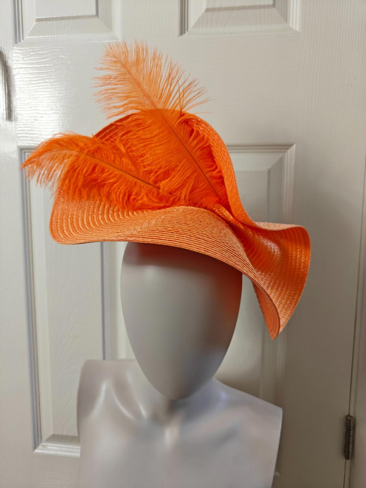 orange large straw fascinator ostrich feather millinery headband wedding hat