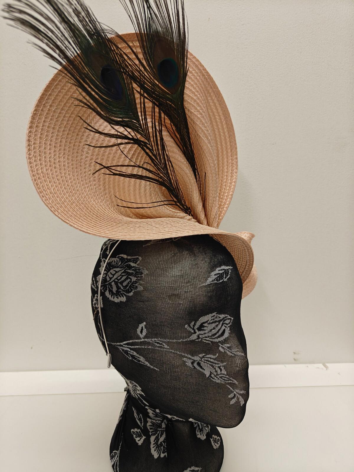 nude peach large straw fascinator peacock feather millinery headband wedding hat