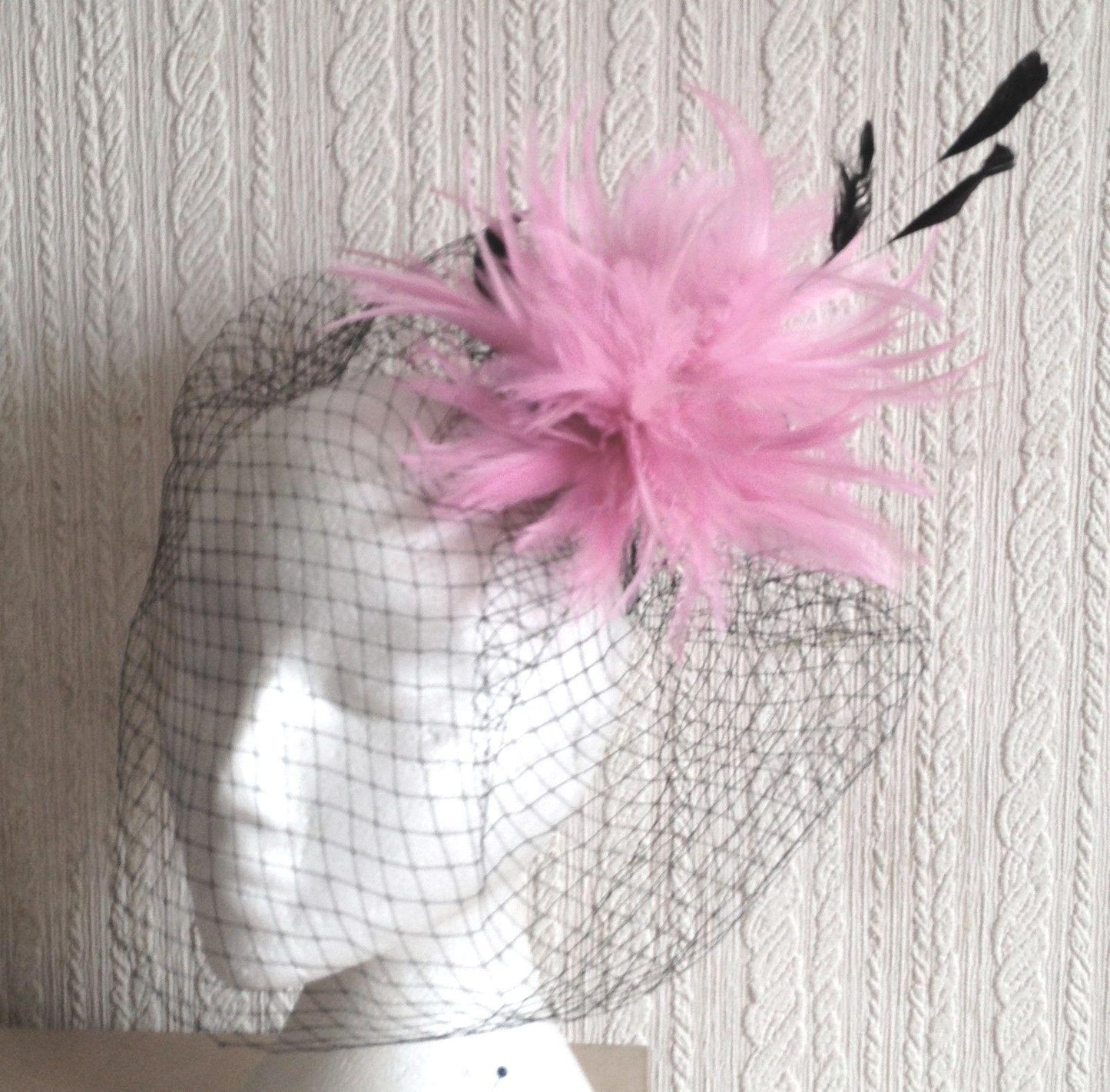 pink feather black veiling fascinator millinery hair clip ascot wedding bridal
