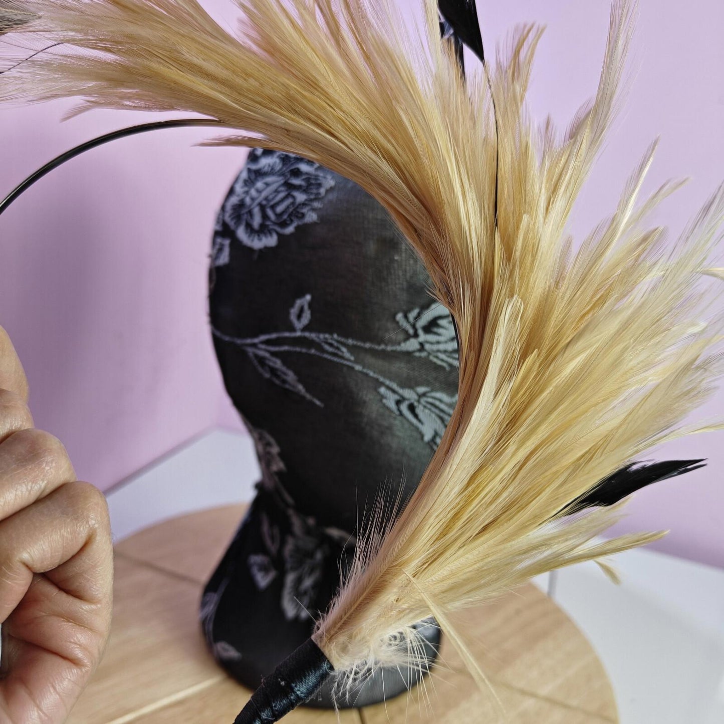 nude cream peach black feather headband fascinator millinery wedding