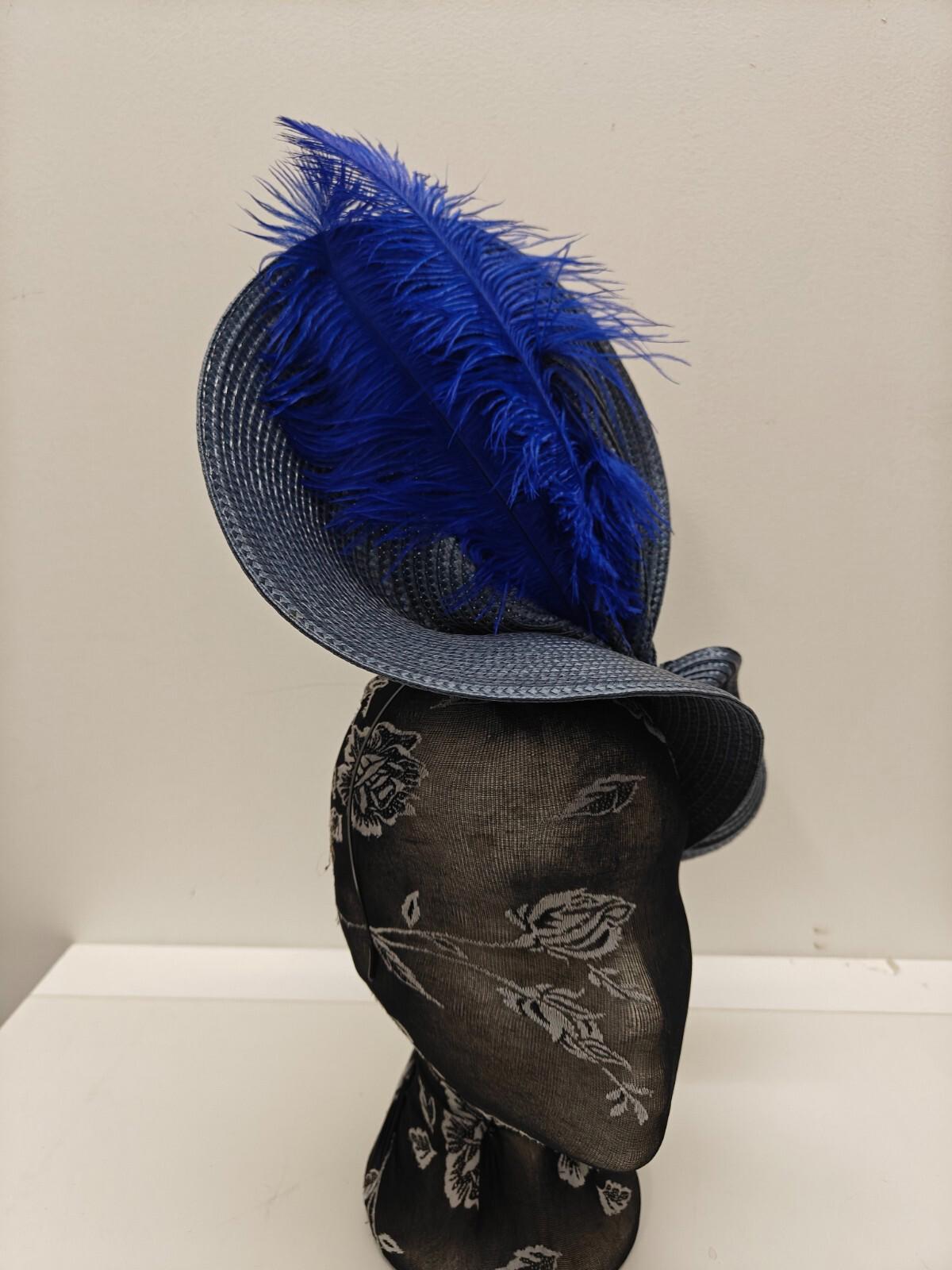 blue large straw fascinator ostrich feather millinery headband wedding hat