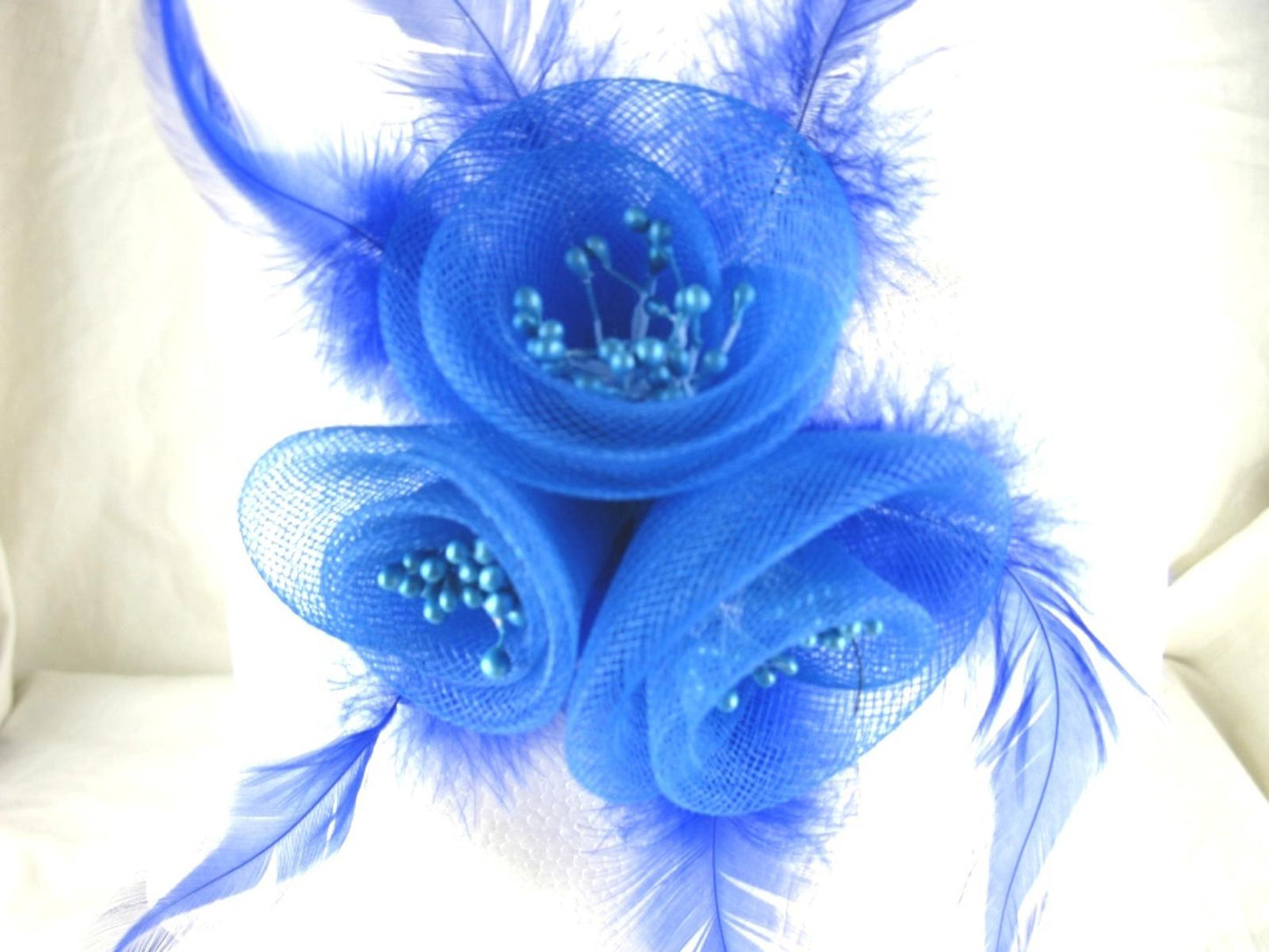 blue fascinator millinery feather brooch clip wedding hair piece ascot