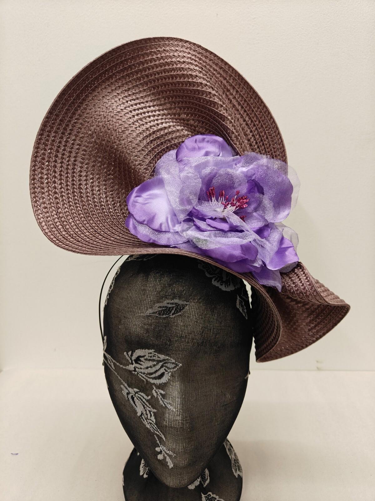 purple flower large straw fascinator millinery burlesque headband wedding hat