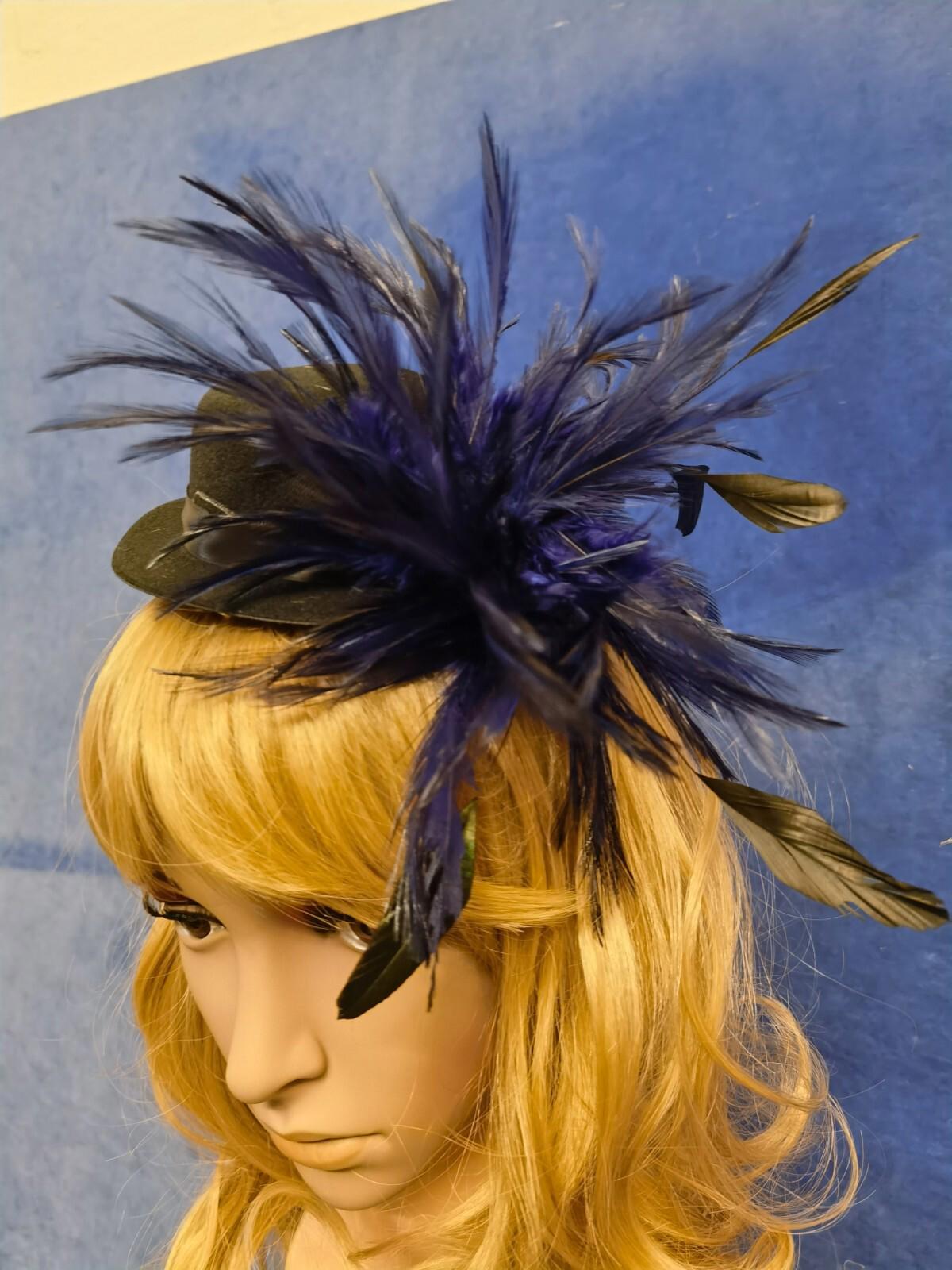 Navy black feather mini top hat fascinator millinery burlesque wedding 1