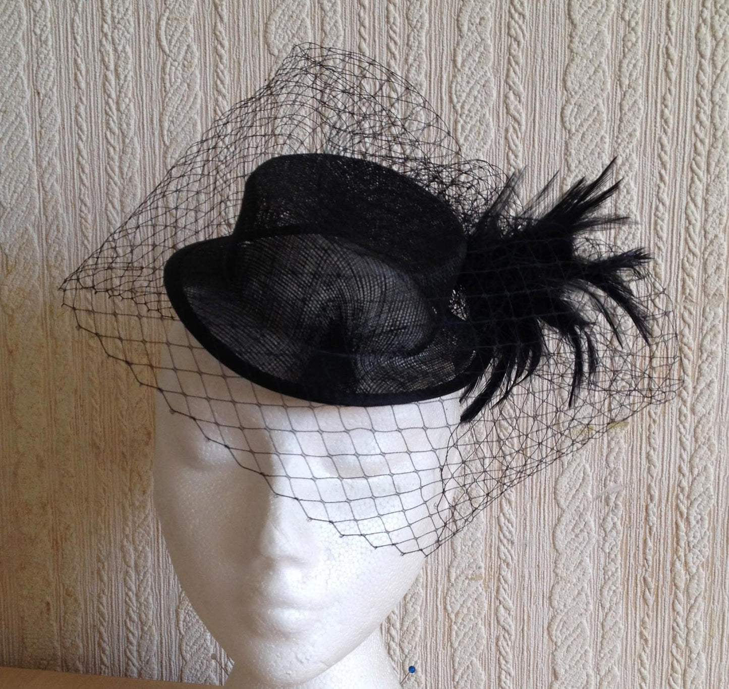 black veiling feather sinamay mini top hat fascinator millinery wedding party
