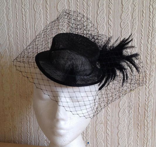 black veiling feather sinamay mini top hat fascinator millinery wedding party