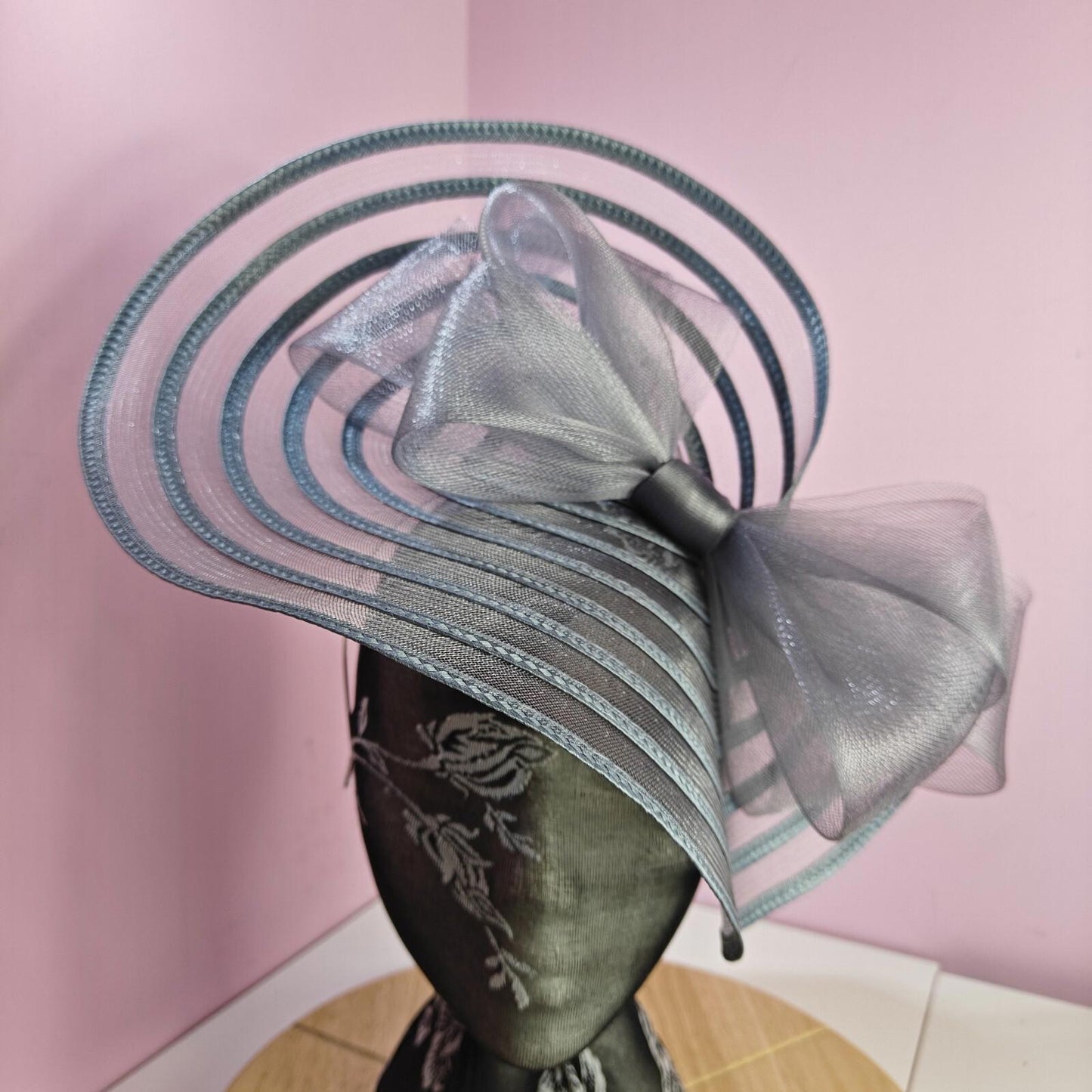 grey bow fascinator millinery wedding hat Kentucky Derby Royal Ascot