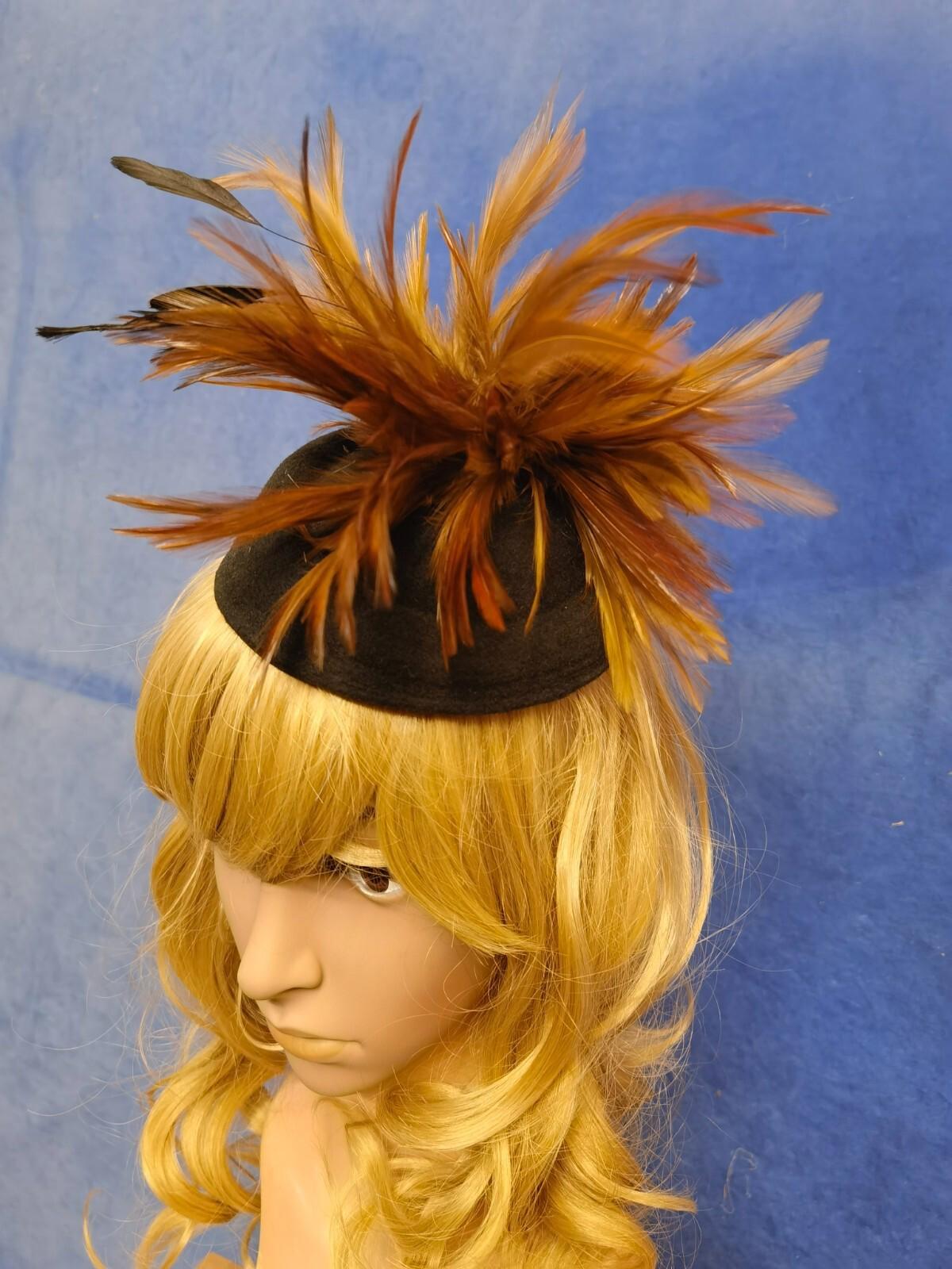 Brown black feather flower felt mini pill box hat veiling veil fascinator