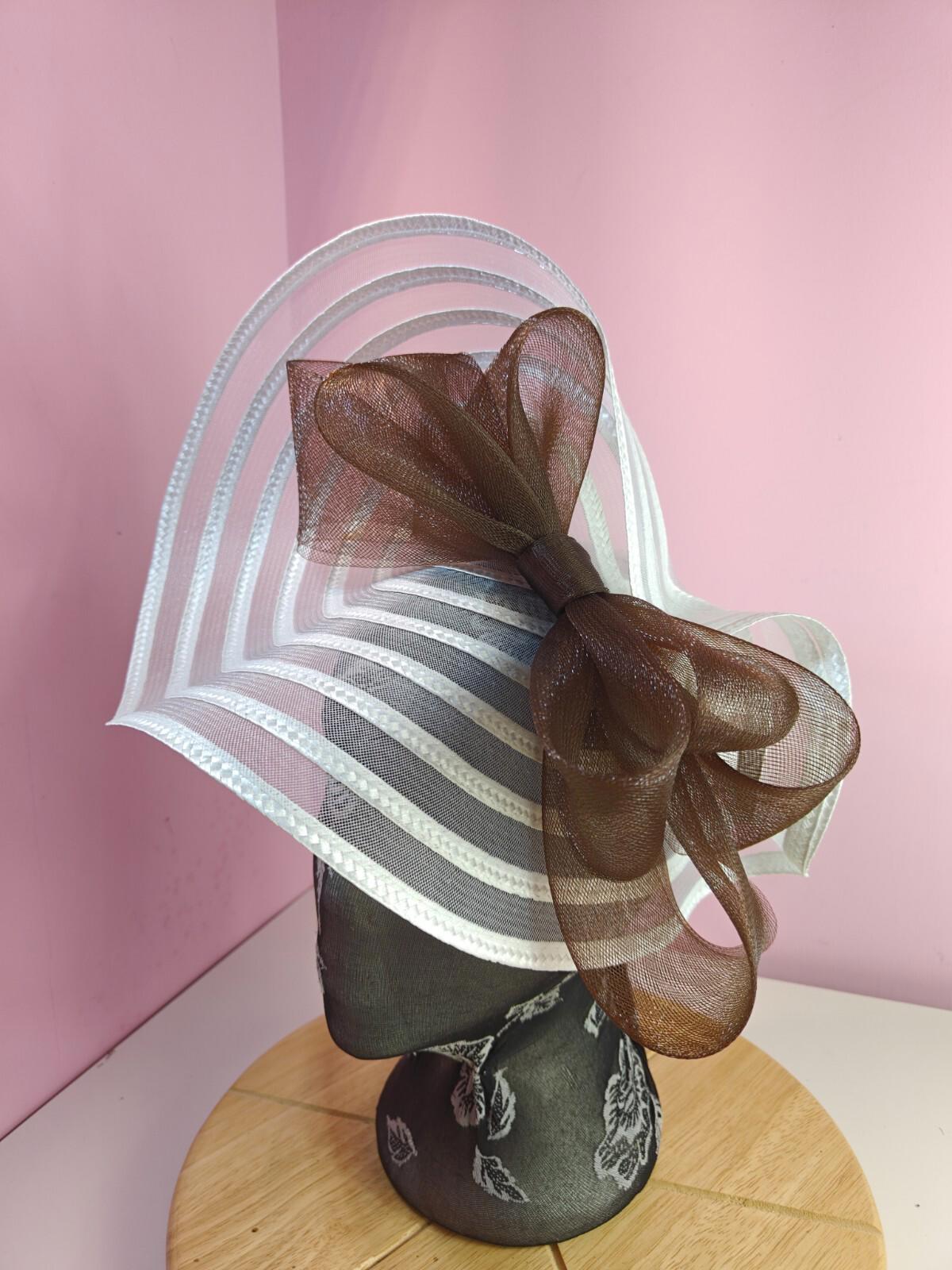 white brown bow fascinator millinery wedding hat Kentucky Derby Royal Ascot
