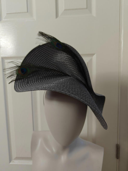 dark grey large straw fascinator peacock feather millinery headband wedding hat