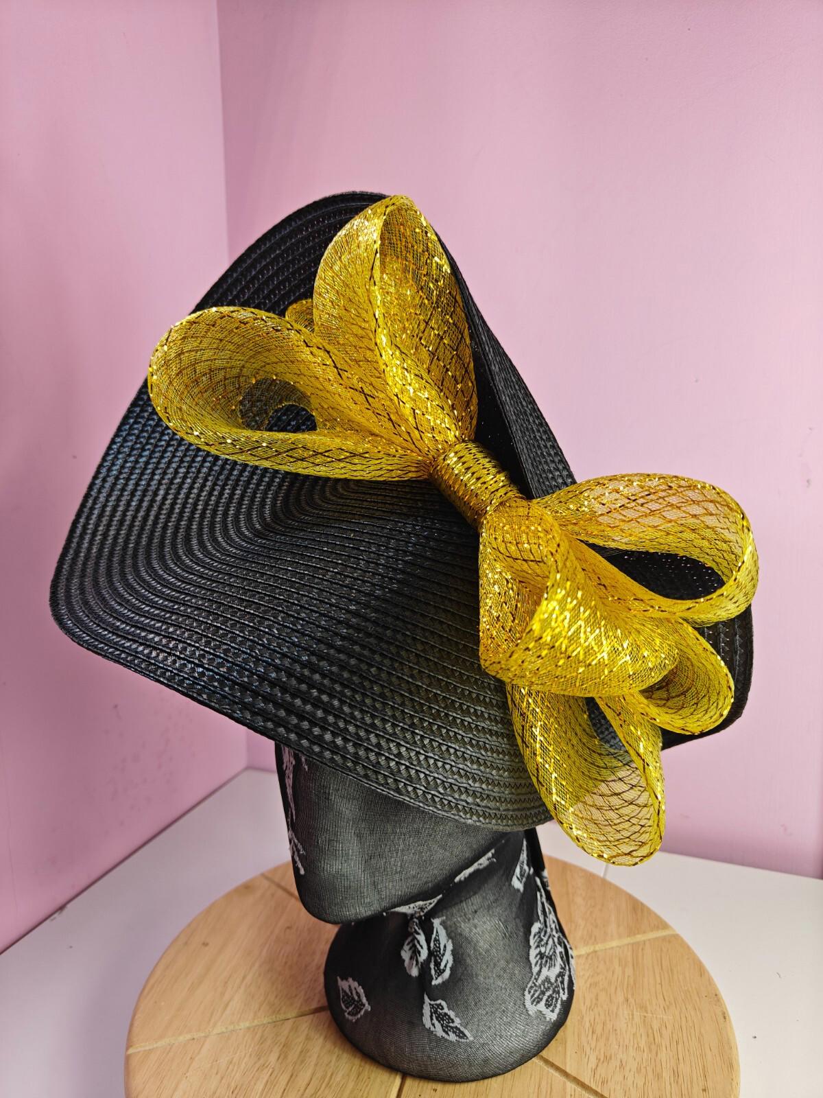black gold large straw fascinator wedding hat Kentucky Derby Royal Ascot