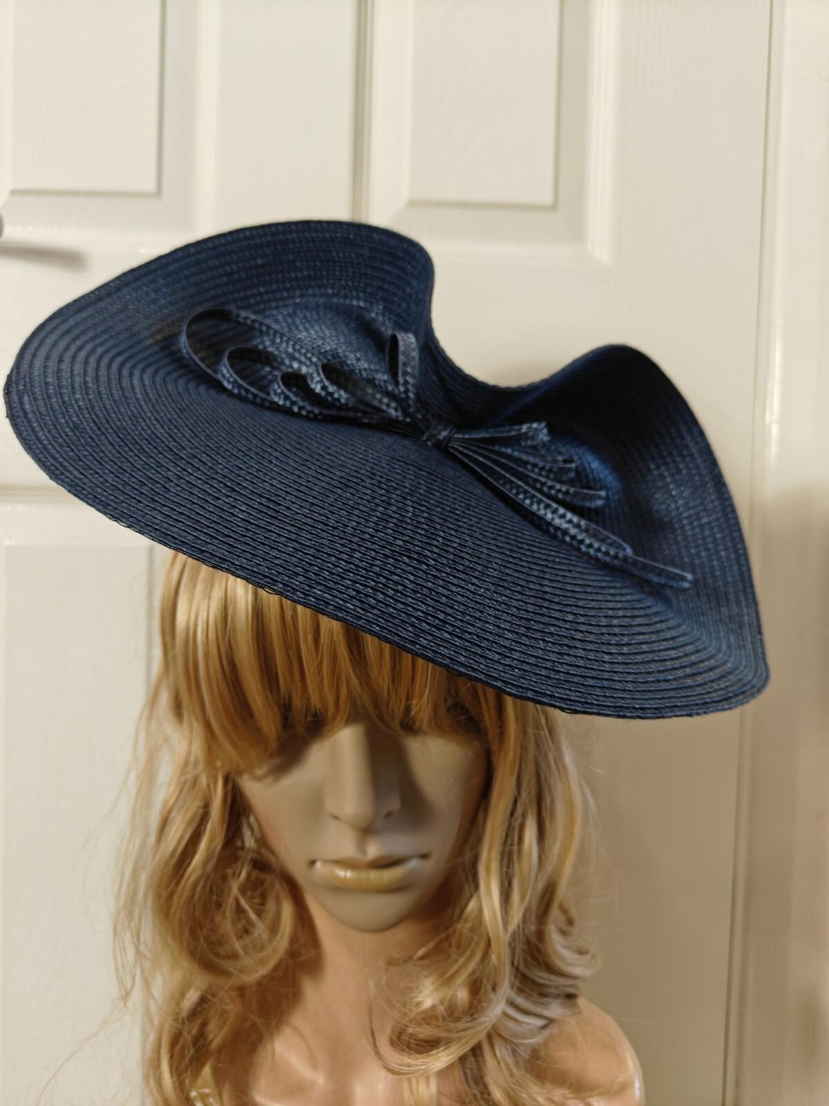 Navy blue large straw fascinator millinery burlesque headband wedding hat