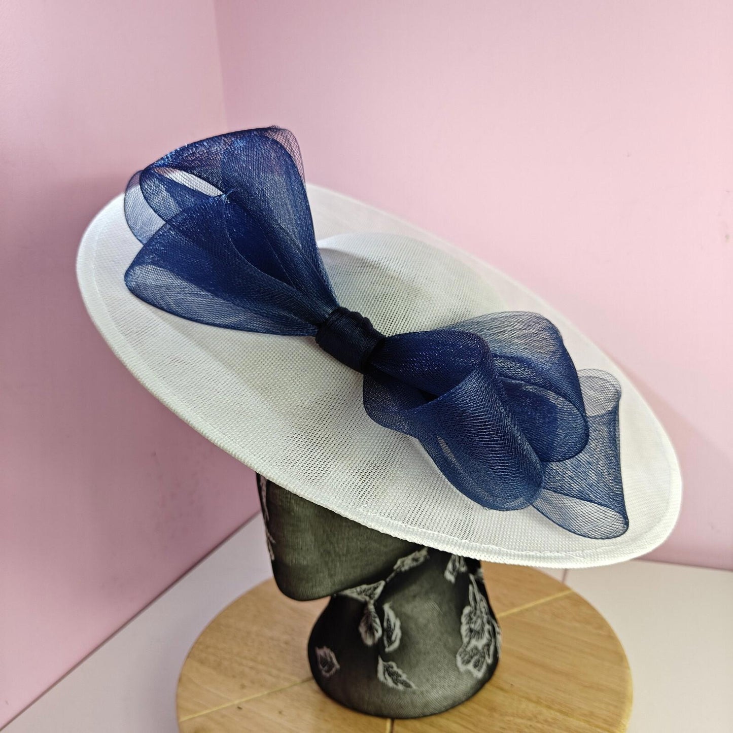 white navy large fascinator wedding hat  Kentucky Derby Royal Ascot bow
