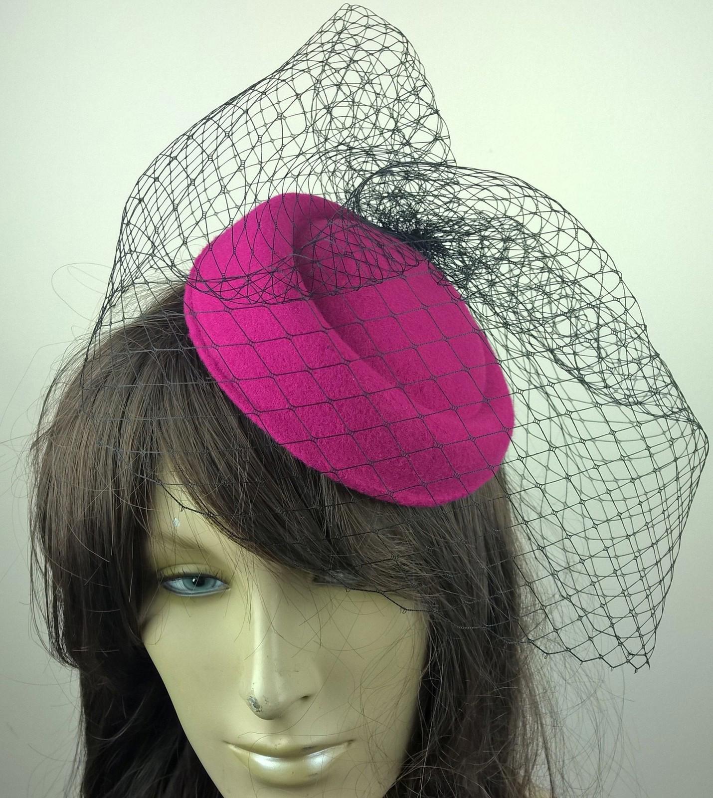 hot pink felt mini pill box hat black veiling french veil fascinator wedding