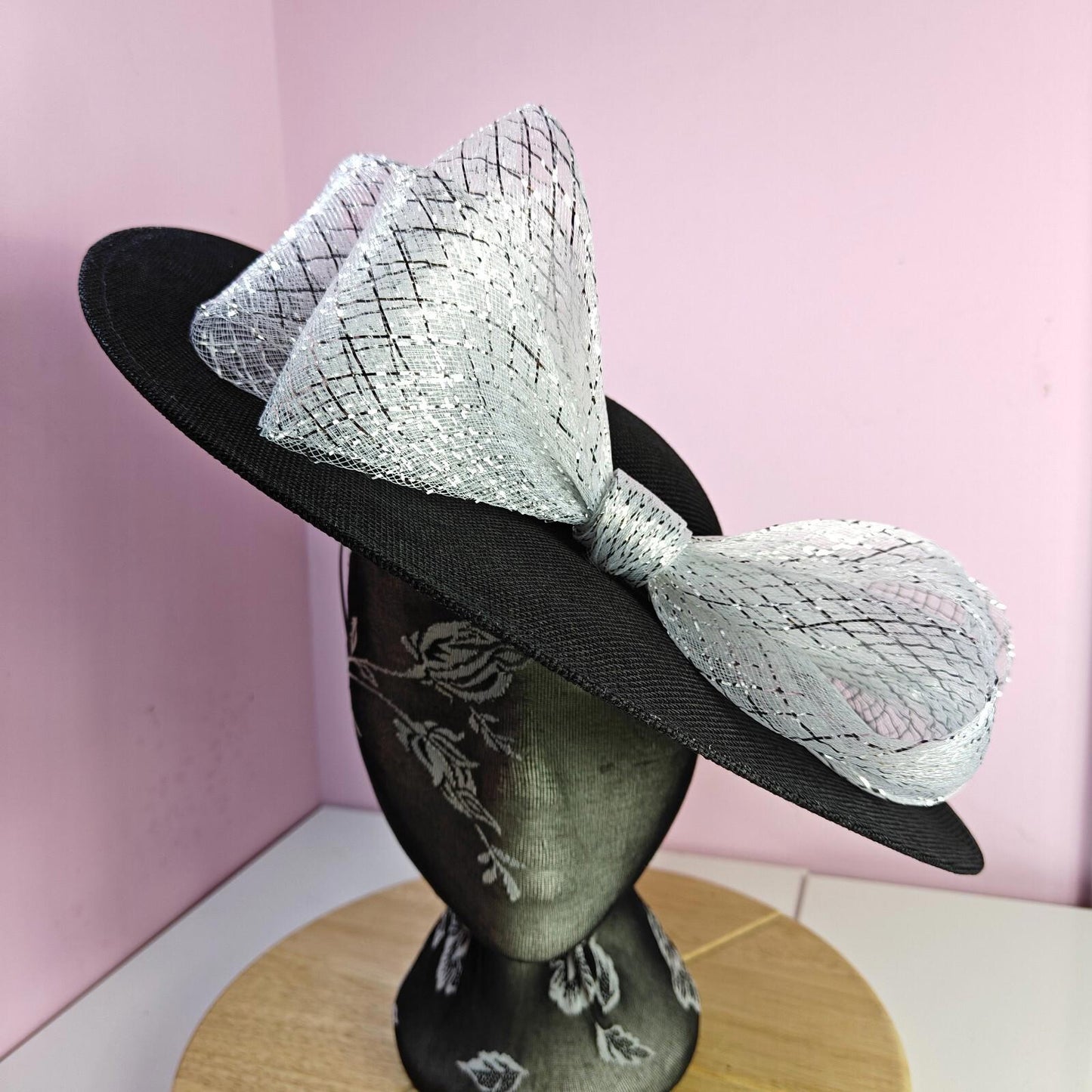 black silver large fascinator wedding hat  Kentucky Derby Royal Ascot bow