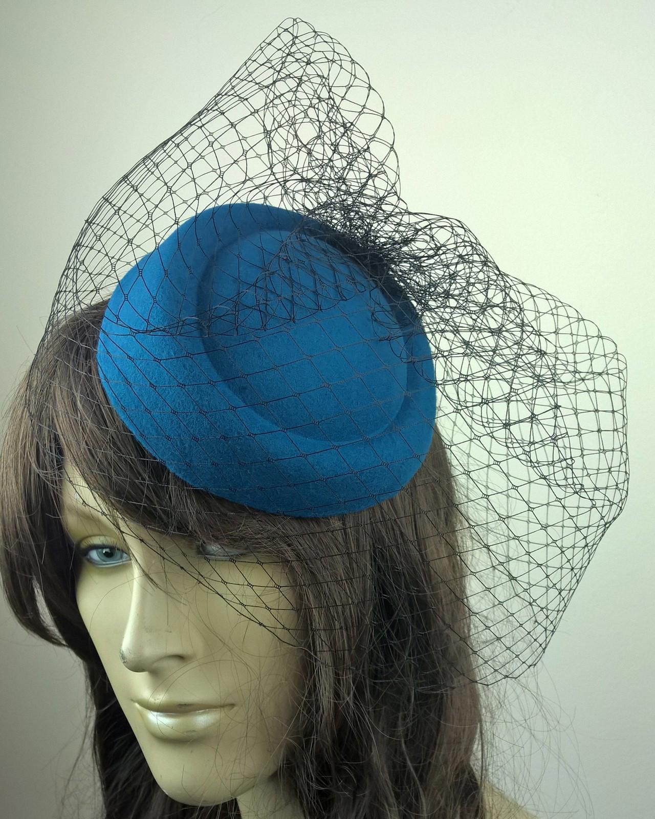 turquoise felt mini pill box hat black veiling french veil fascinator wedding