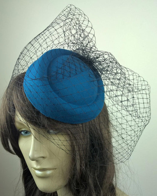 turquoise felt mini pill box hat black veiling french veil fascinator wedding