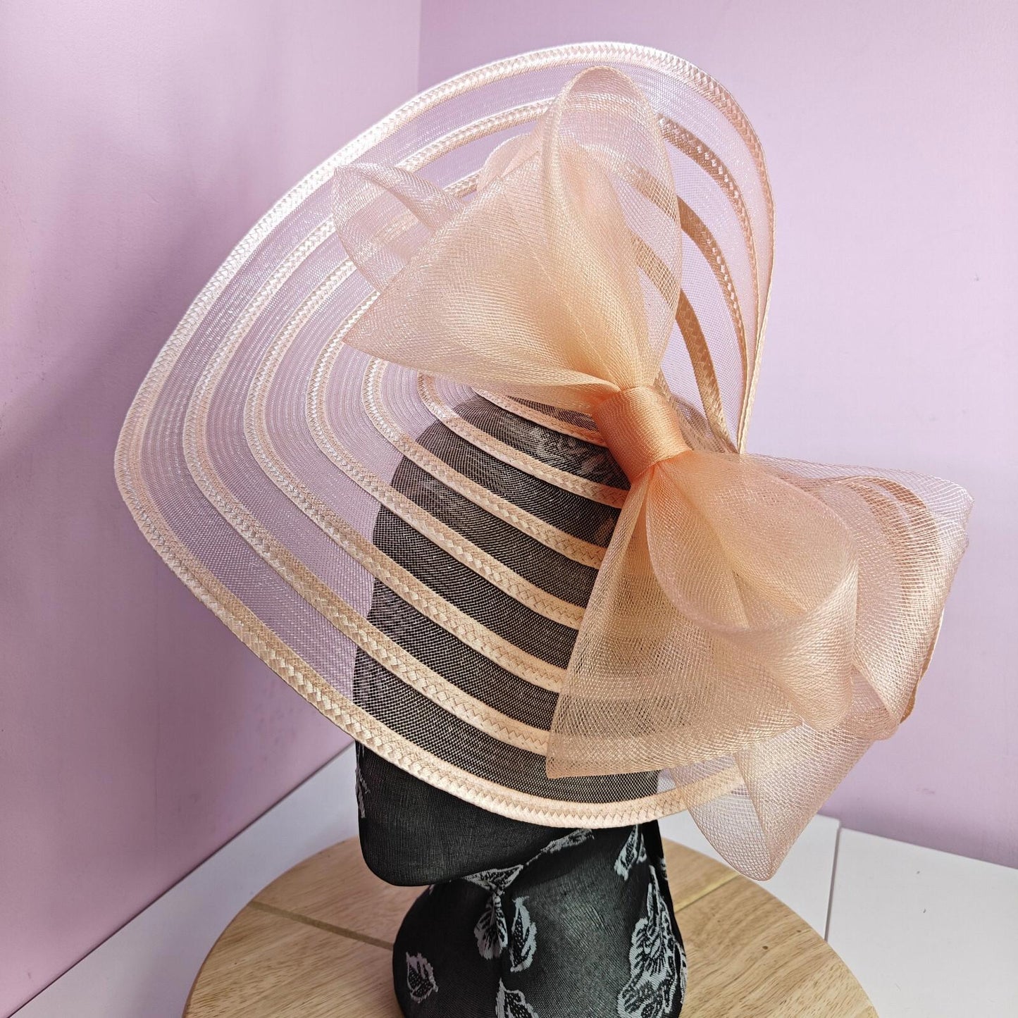 peach coral bow fascinator millinery wedding hat Kentucky Derby Royal Ascot