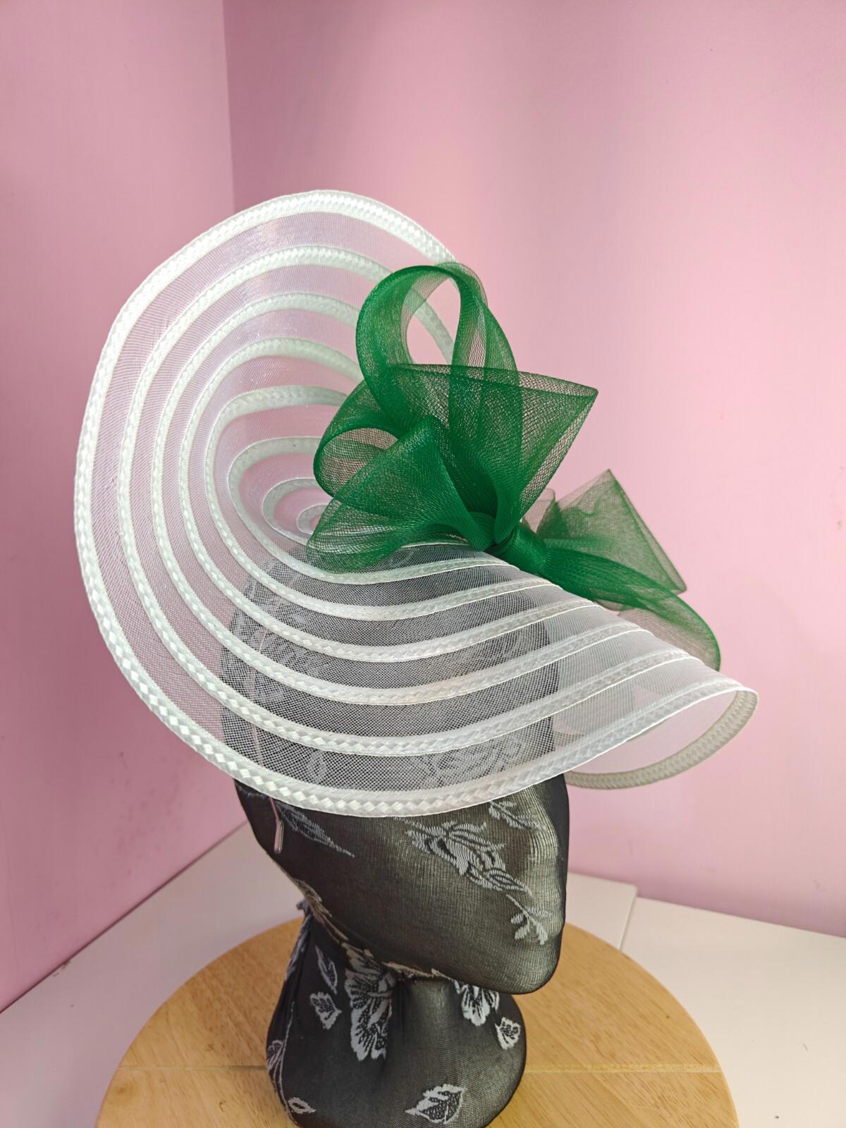 white green bow fascinator millinery wedding hat Kentucky Derby Royal Ascot