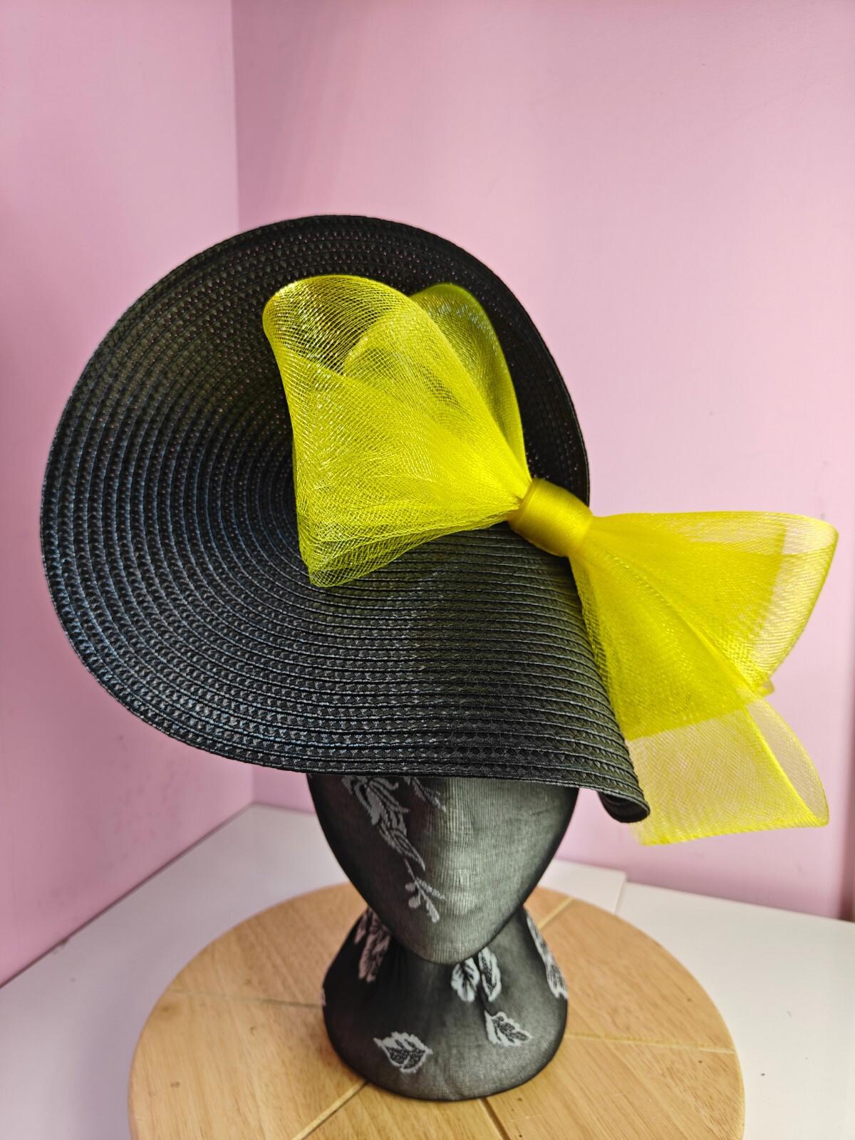 black yellow large straw fascinator wedding hat Kentucky Derby Royal Ascot