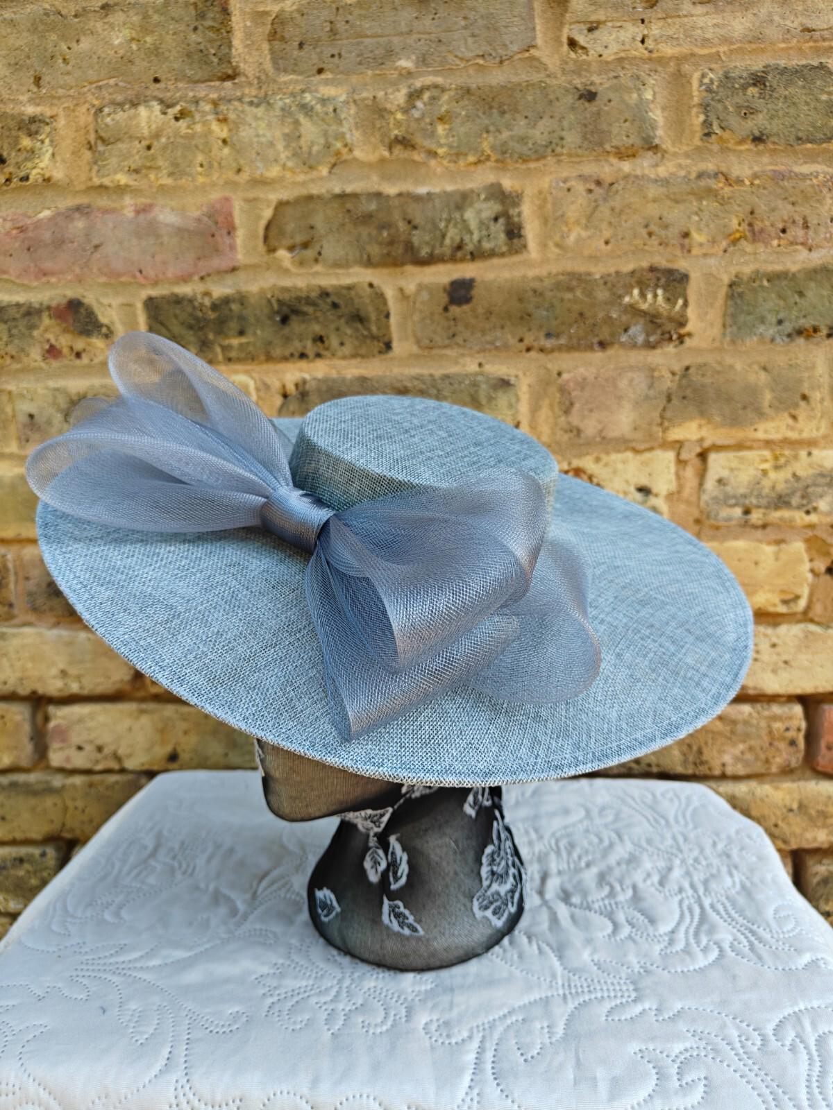 grey blue large fascinator wedding hat  Kentucky Derby Royal Ascot bow