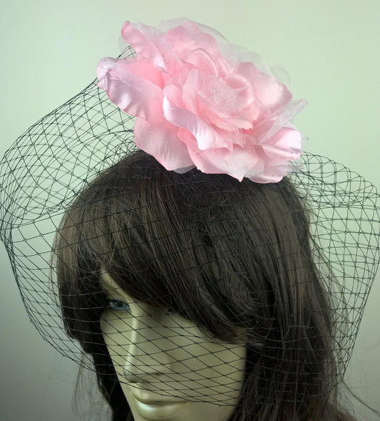 pink satin flower black veiling fascinator hair clip ascot wedding bridal