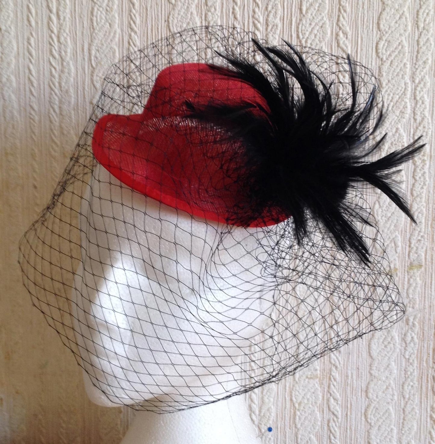black veiling feather red sinamay mini top hat fascinator millinery wedding