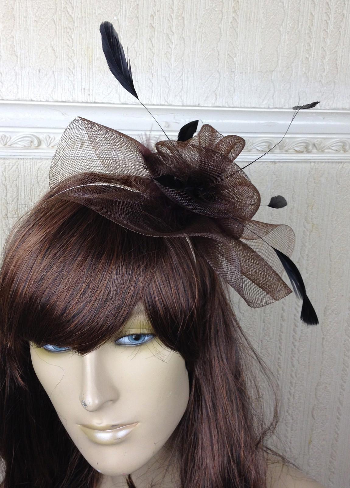 brown netting feather hair headband fascinator millinery wedding hat ascot