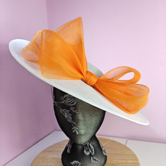 white orange large fascinator wedding hat  Kentucky Derby Royal Ascot bow