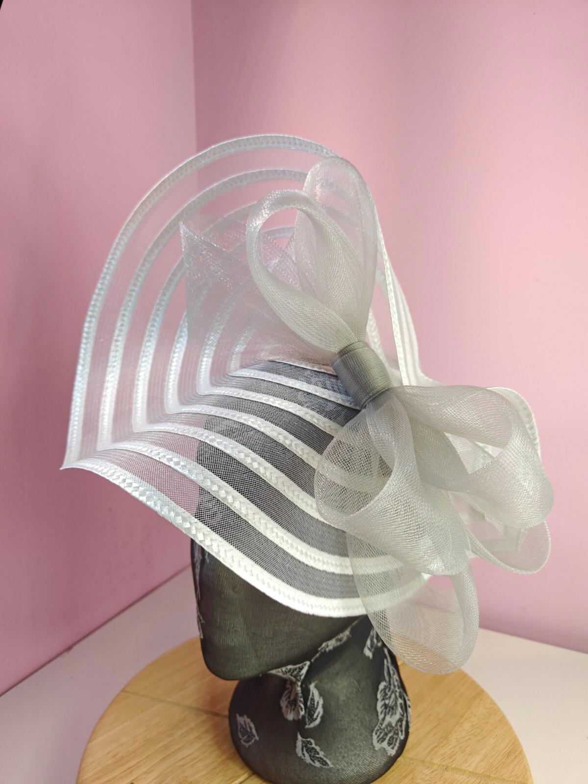 white grey bow fascinator millinery wedding hat Kentucky Derby Royal Ascot