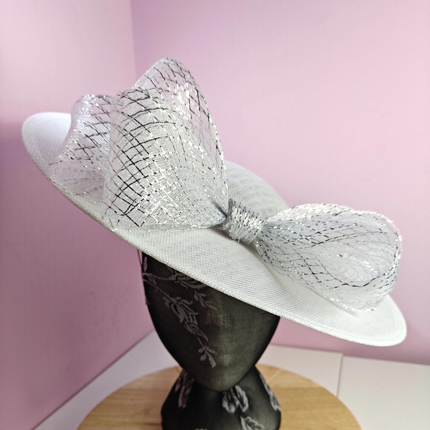 white silver large fascinator wedding hat  Kentucky Derby Royal Ascot bow
