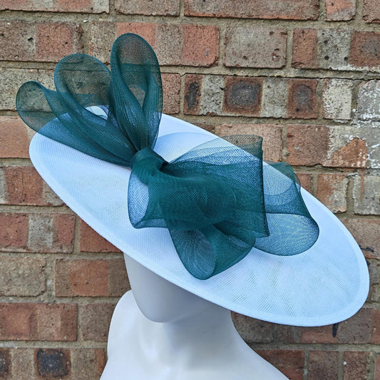 white dark green large fascinator wedding hat  handmade hatinator Ascot bow