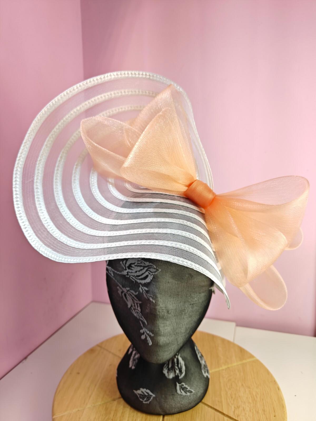 white peach bow fascinator millinery wedding hat Kentucky Derby Royal Ascot
