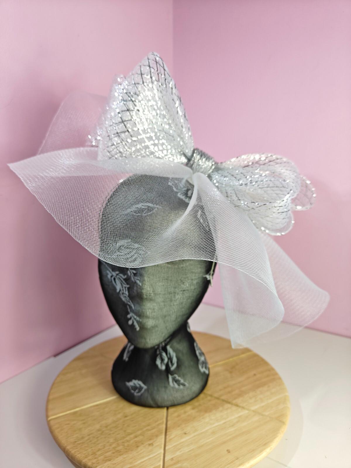 white silver fascinator millinery headband derby wedding hat ascot race