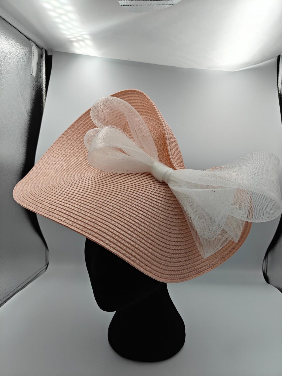 peach pink white bow straw fascinator millinery burlesque headband wedding hat